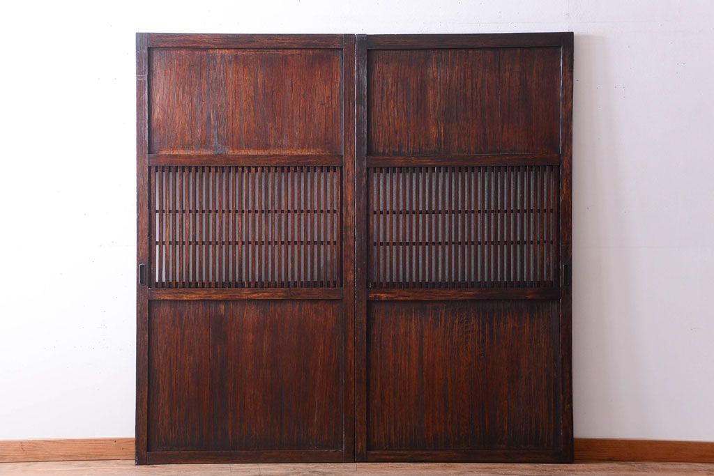 古民具・骨董　裏結霜ガラス入り!古い木の格子ガラス帯戸2枚セット(3)