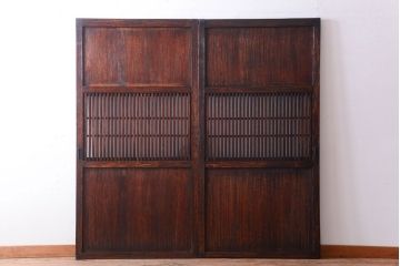 古民具・骨董　裏結霜ガラス入り!古い木の格子ガラス帯戸2枚セット(3)