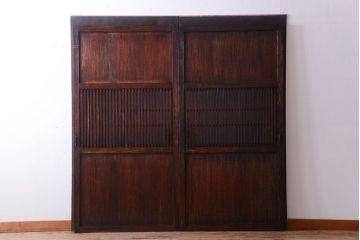 古民具・骨董　裏結霜ガラス入り!古い木の格子ガラス帯戸2枚セット(3)