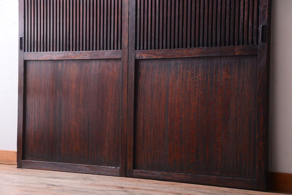 古民具・骨董　裏結霜ガラス入り!古い木の格子ガラス帯戸2枚セット(3)