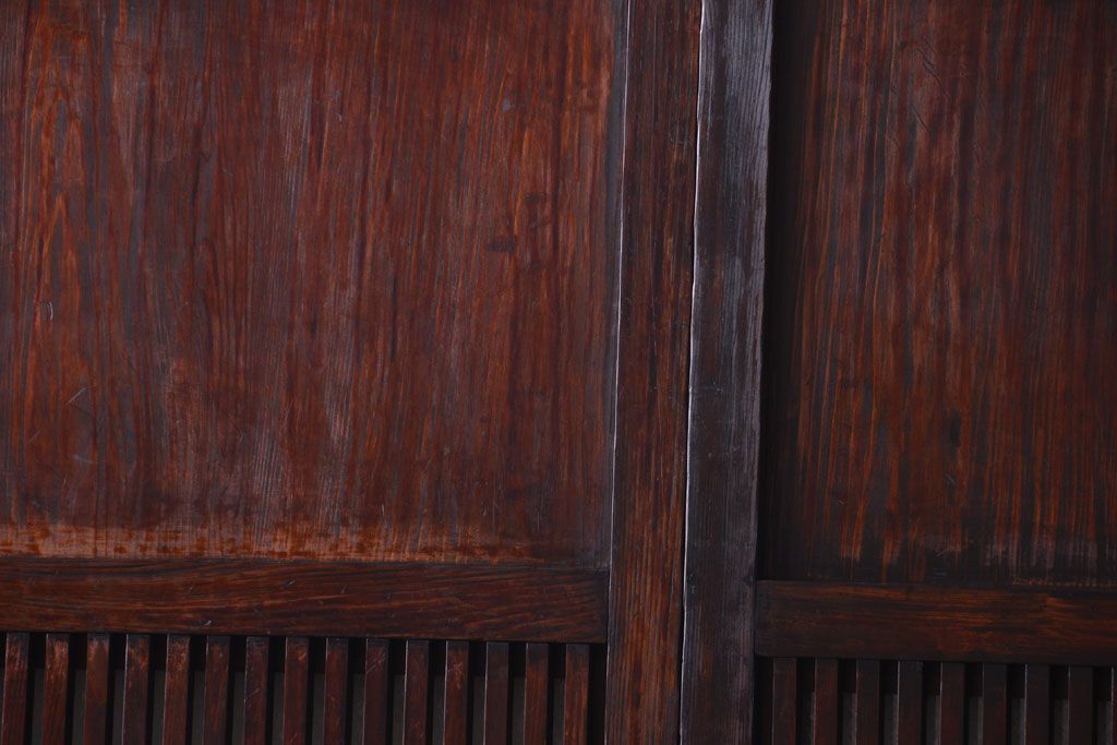 古民具・骨董　裏結霜ガラス入り!古い木の格子ガラス帯戸2枚セット(3)