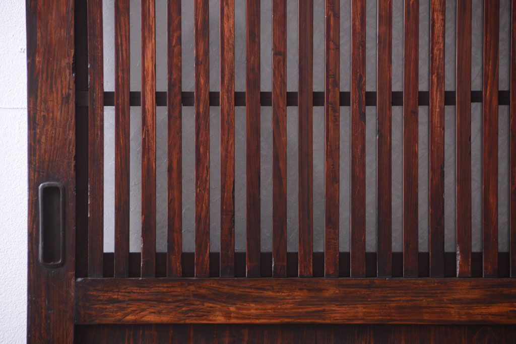 古民具・骨董　裏結霜ガラス入り!古い木の格子ガラス帯戸2枚セット(3)