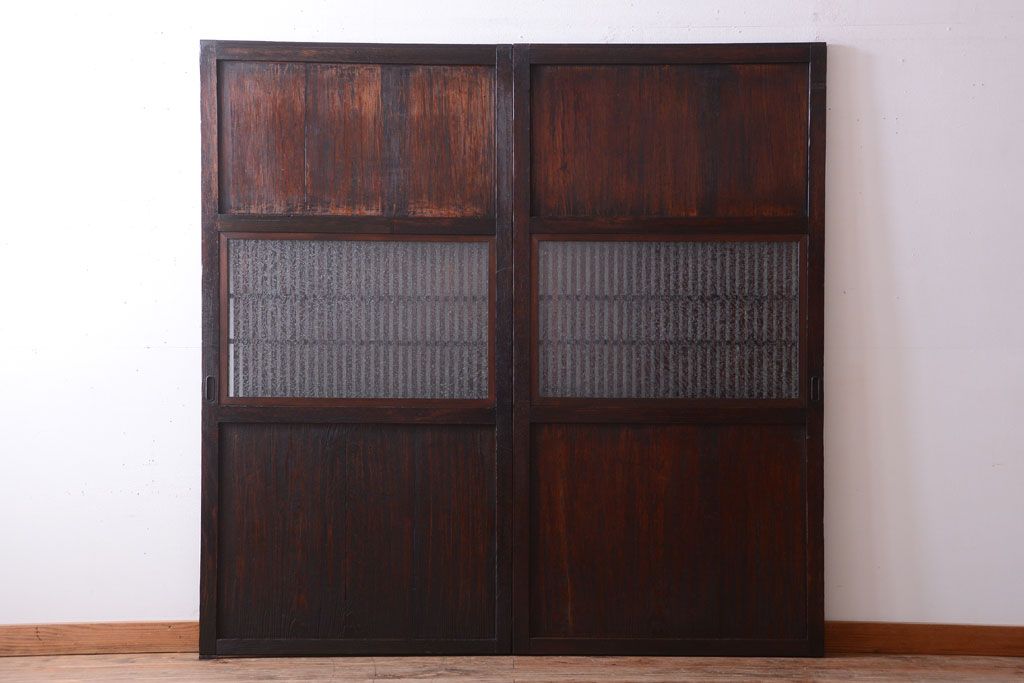 古民具・骨董　裏結霜ガラス入り!古い木の格子ガラス帯戸2枚セット(3)