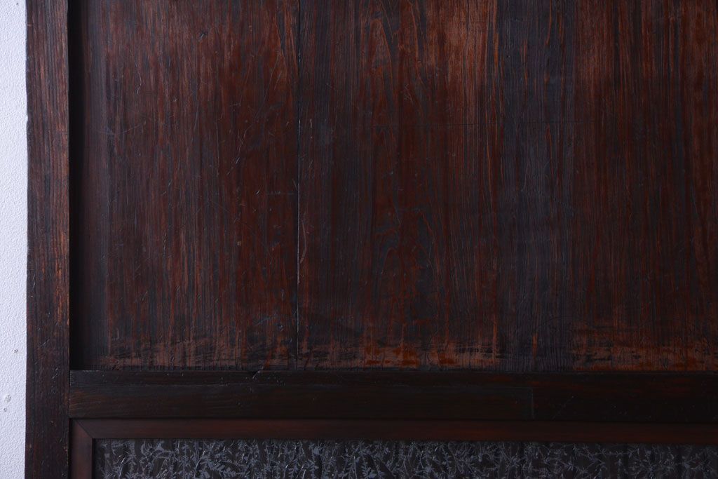 古民具・骨董　裏結霜ガラス入り!古い木の格子ガラス帯戸2枚セット(3)