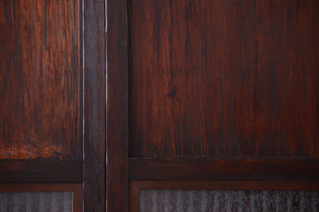 古民具・骨董　裏結霜ガラス入り!古い木の格子ガラス帯戸2枚セット(3)