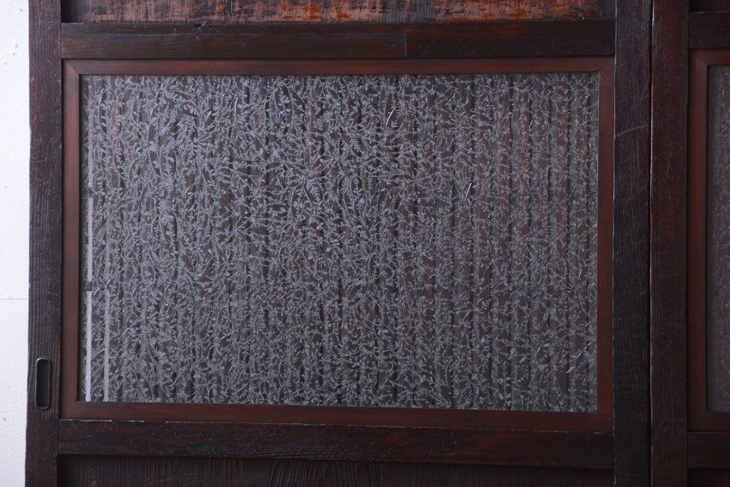 古民具・骨董　裏結霜ガラス入り!古い木の格子ガラス帯戸2枚セット(3)