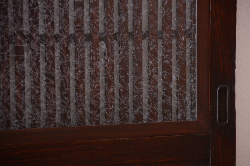 古民具・骨董　裏結霜ガラス入り!古い木の格子ガラス帯戸2枚セット(3)