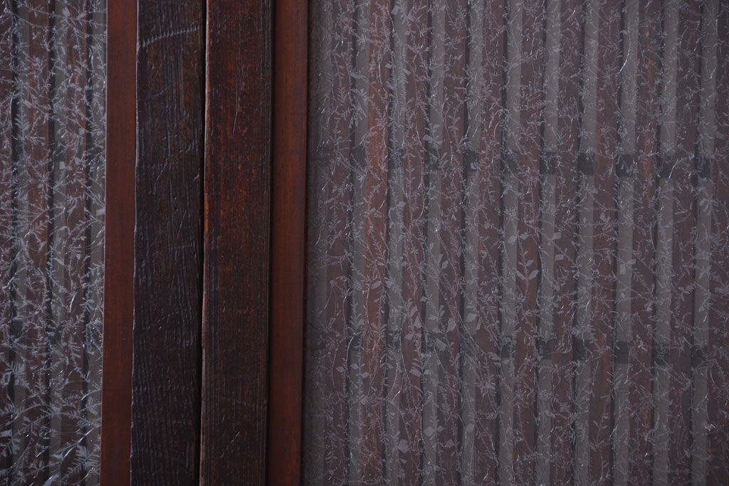 古民具・骨董　裏結霜ガラス入り!古い木の格子ガラス帯戸2枚セット(3)