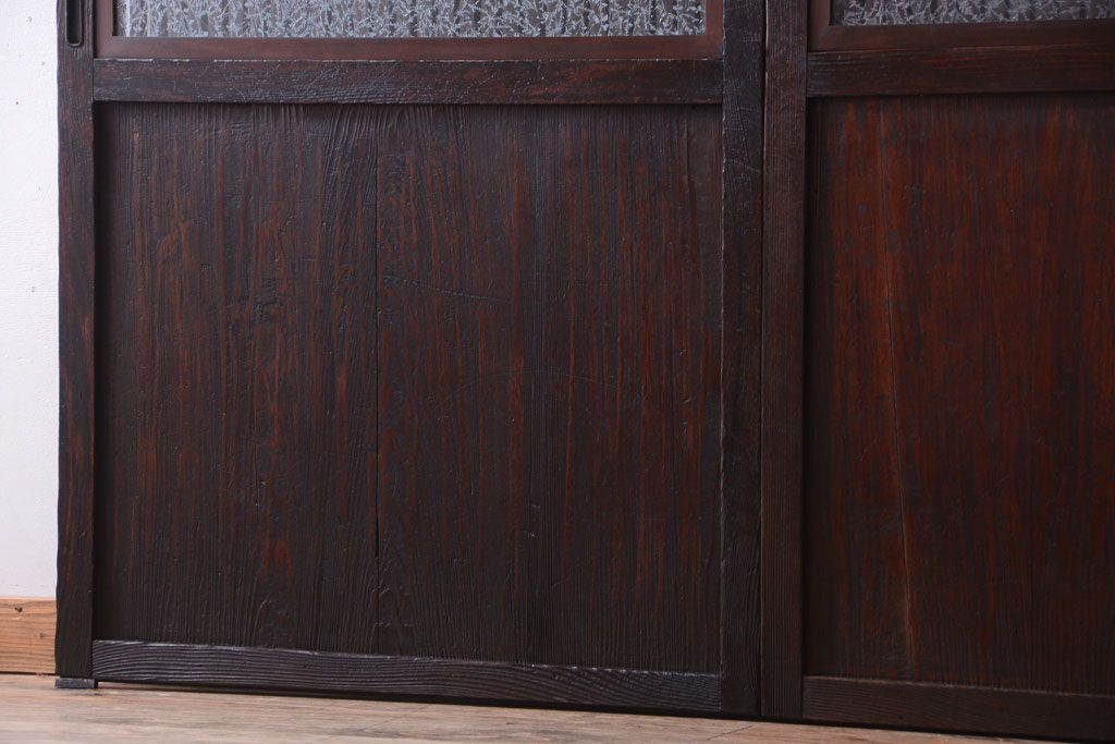 古民具・骨董　裏結霜ガラス入り!古い木の格子ガラス帯戸2枚セット(3)