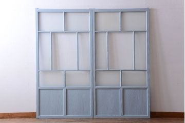 アンティーク　すりガラス入り!淡い水色ペイントのガラス引き戸2枚セット