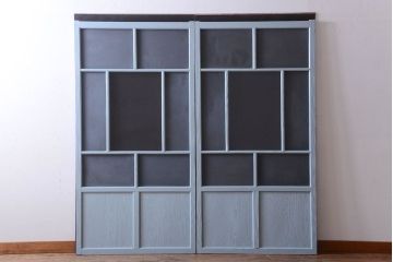 アンティーク　すりガラス入り!淡い水色ペイントのガラス引き戸2枚セット