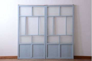 アンティーク　すりガラス入り!淡い水色ペイントのガラス引き戸2枚セット