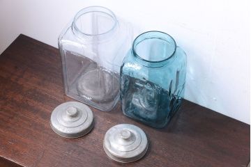 アンティーク雑貨　昭和レトロ　青色気泡ガラス!アンティークガラス瓶2個セット