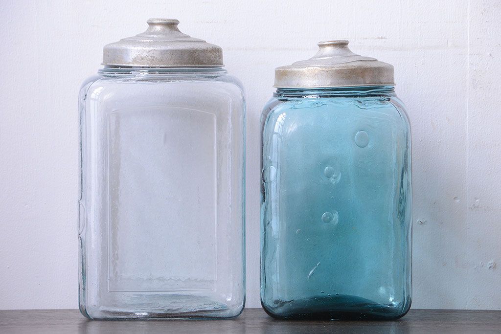 アンティーク雑貨　昭和レトロ　青色気泡ガラス!アンティークガラス瓶2個セット