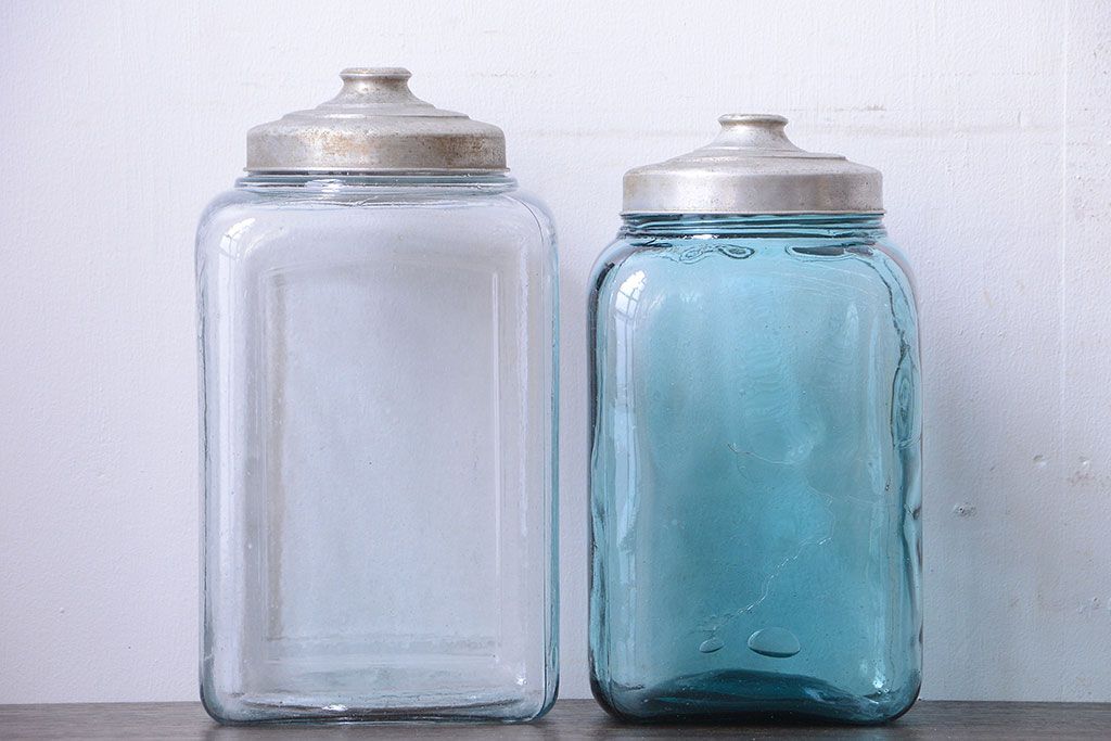 アンティーク雑貨　昭和レトロ　青色気泡ガラス!アンティークガラス瓶2個セット