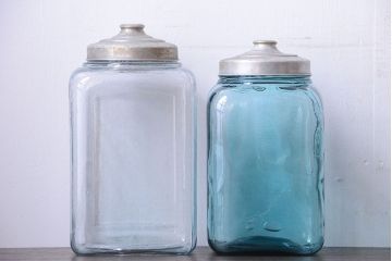 アンティーク雑貨　昭和レトロ　青色気泡ガラス!アンティークガラス瓶2個セット