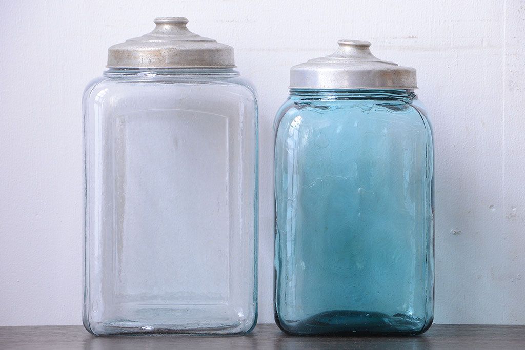 アンティーク雑貨　昭和レトロ　青色気泡ガラス!アンティークガラス瓶2個セット