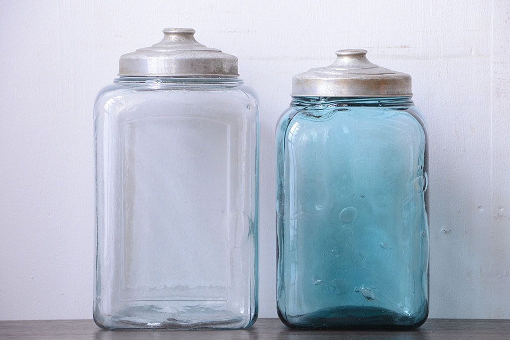 アンティーク雑貨　昭和レトロ　青色気泡ガラス!アンティークガラス瓶2個セット