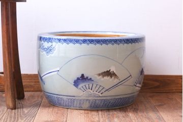 アンティーク雑貨　古民具・骨董　扇に花の図　アンティーク染付瀬戸火鉢