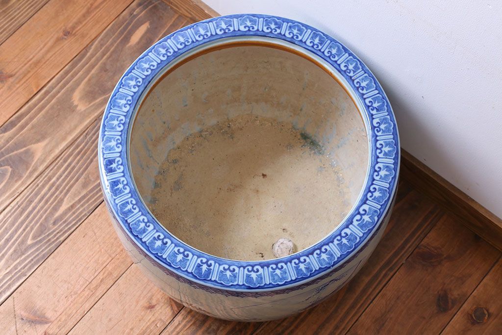 アンティーク雑貨　古民具・骨董　扇に花の図　アンティーク染付瀬戸火鉢