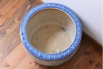 アンティーク雑貨　古民具・骨董　扇に花の図　アンティーク染付瀬戸火鉢