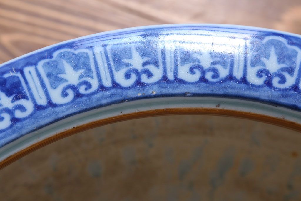 アンティーク雑貨　古民具・骨董　扇に花の図　アンティーク染付瀬戸火鉢