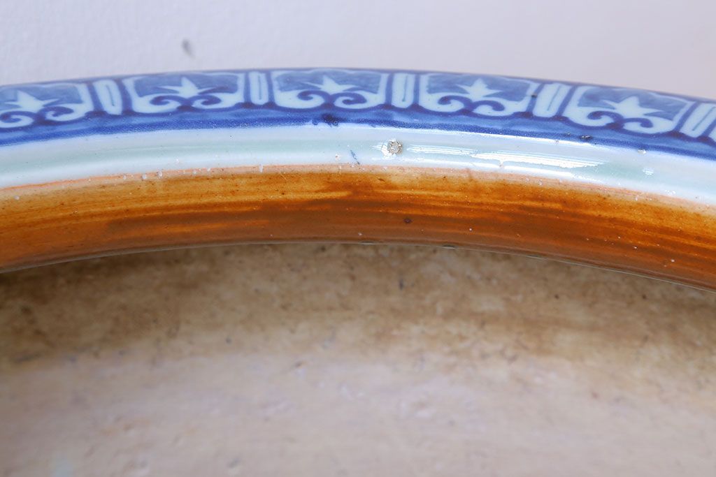 アンティーク雑貨　古民具・骨董　扇に花の図　アンティーク染付瀬戸火鉢