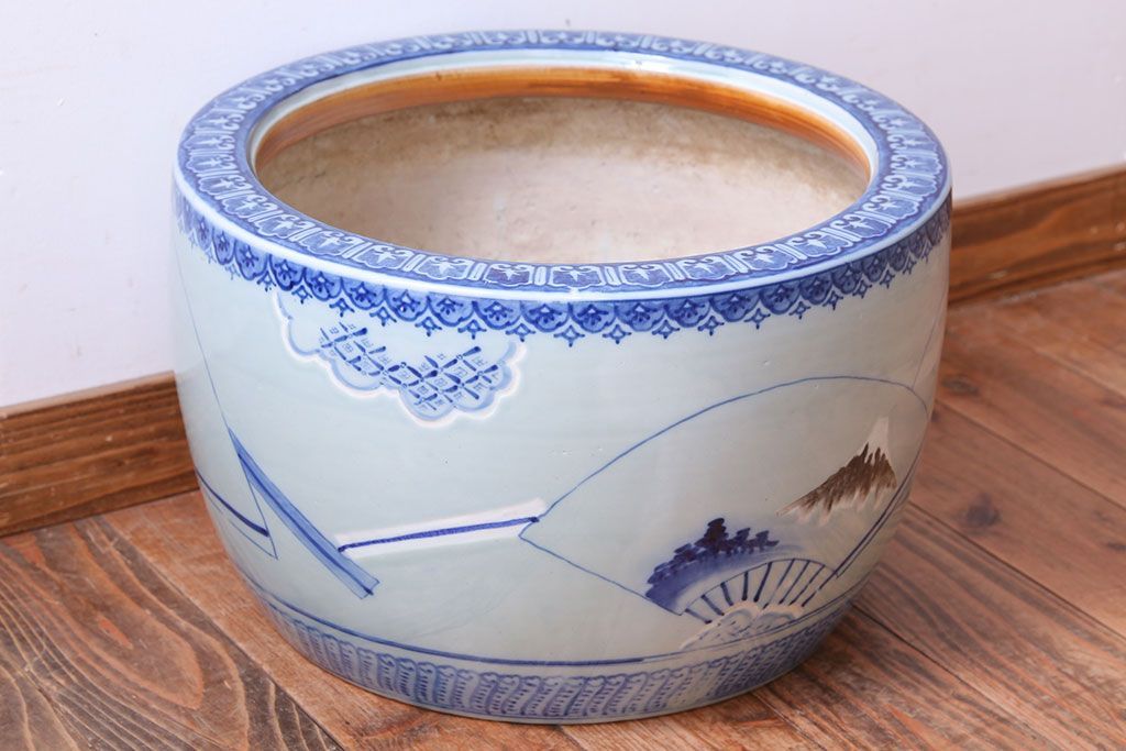 アンティーク雑貨　古民具・骨董　扇に花の図　アンティーク染付瀬戸火鉢