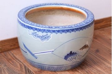 アンティーク雑貨　古民具・骨董　扇に花の図　アンティーク染付瀬戸火鉢