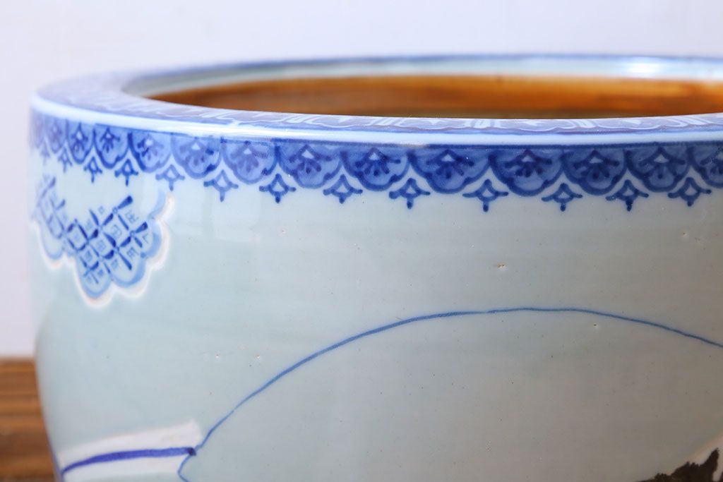 アンティーク雑貨　古民具・骨董　扇に花の図　アンティーク染付瀬戸火鉢