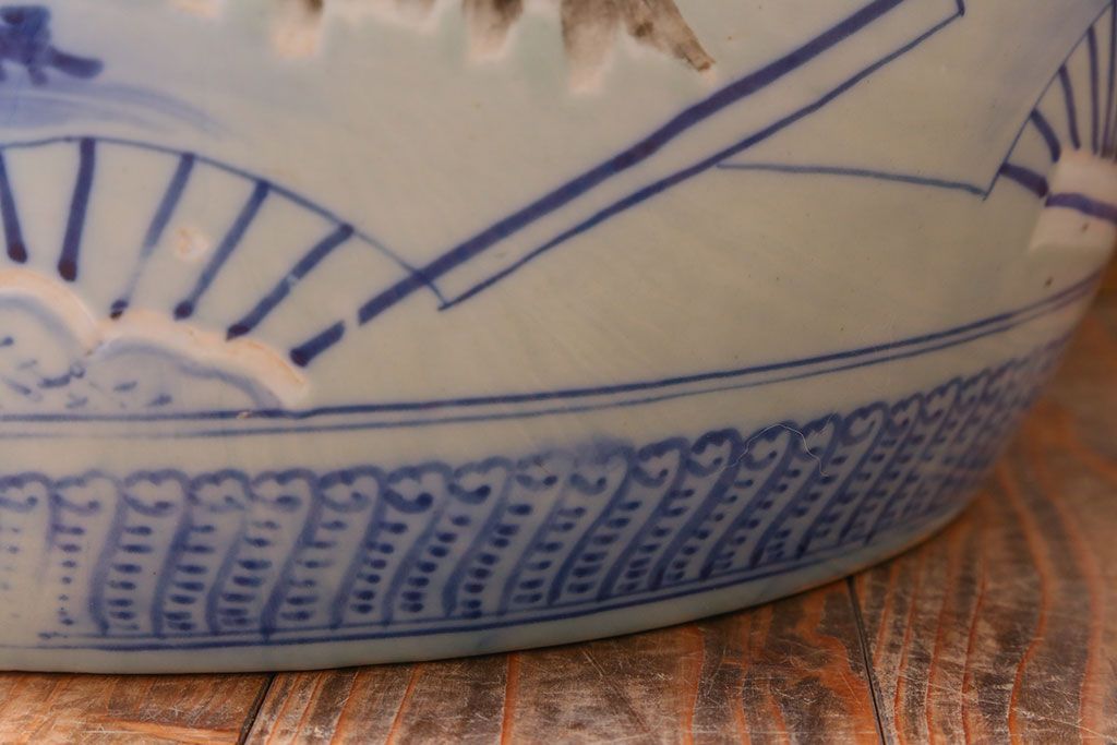 アンティーク雑貨　古民具・骨董　扇に花の図　アンティーク染付瀬戸火鉢