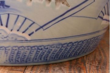 アンティーク雑貨　古民具・骨董　扇に花の図　アンティーク染付瀬戸火鉢