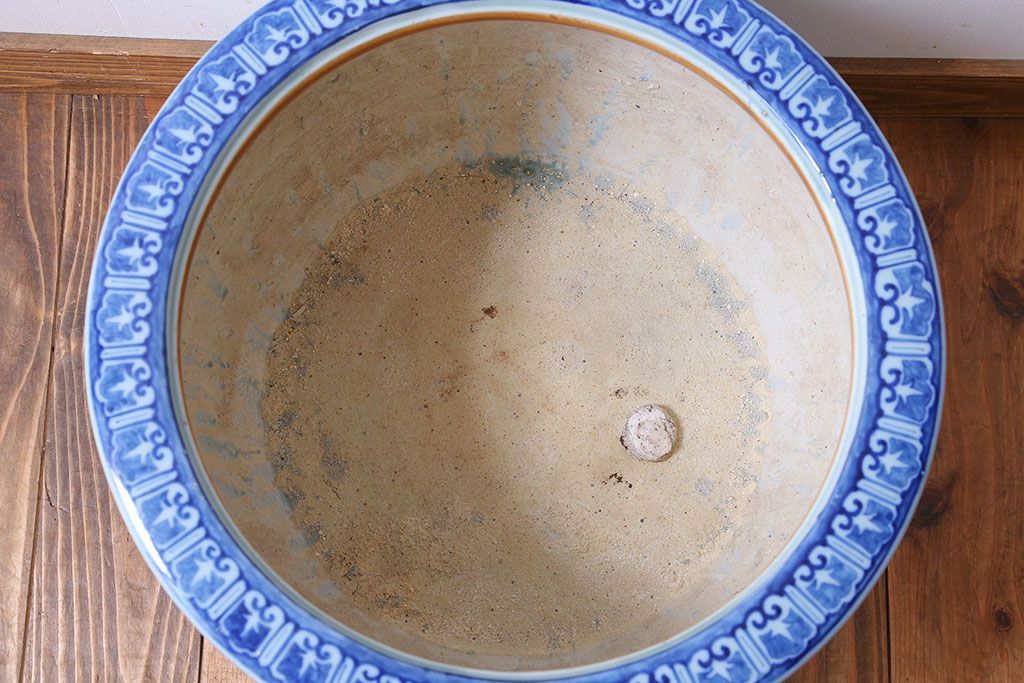 アンティーク雑貨　古民具・骨董　扇に花の図　アンティーク染付瀬戸火鉢