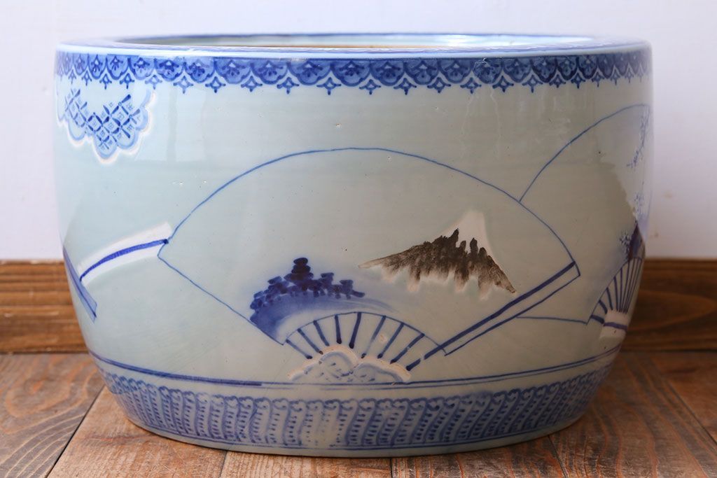 アンティーク雑貨　古民具・骨董　扇に花の図　アンティーク染付瀬戸火鉢