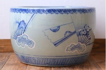 アンティーク雑貨　古民具・骨董　扇に花の図　アンティーク染付瀬戸火鉢