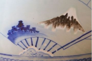 アンティーク雑貨　古民具・骨董　扇に花の図　アンティーク染付瀬戸火鉢