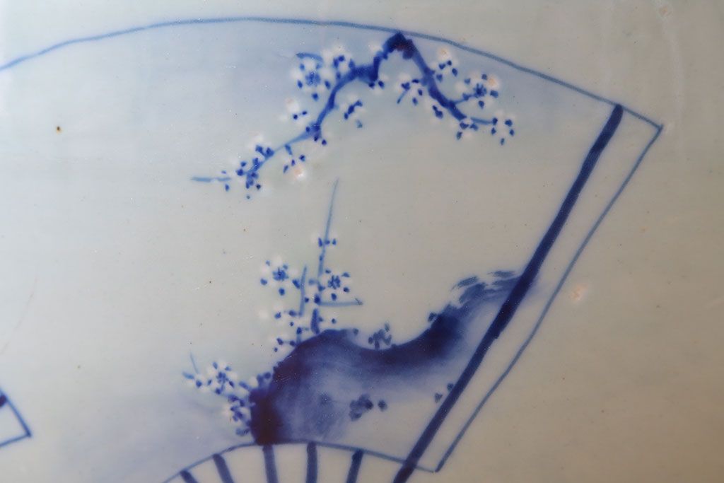 アンティーク雑貨　古民具・骨董　扇に花の図　アンティーク染付瀬戸火鉢