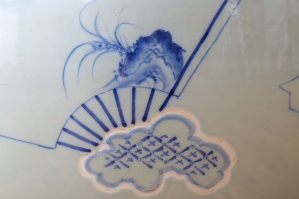 アンティーク雑貨　古民具・骨董　扇に花の図　アンティーク染付瀬戸火鉢