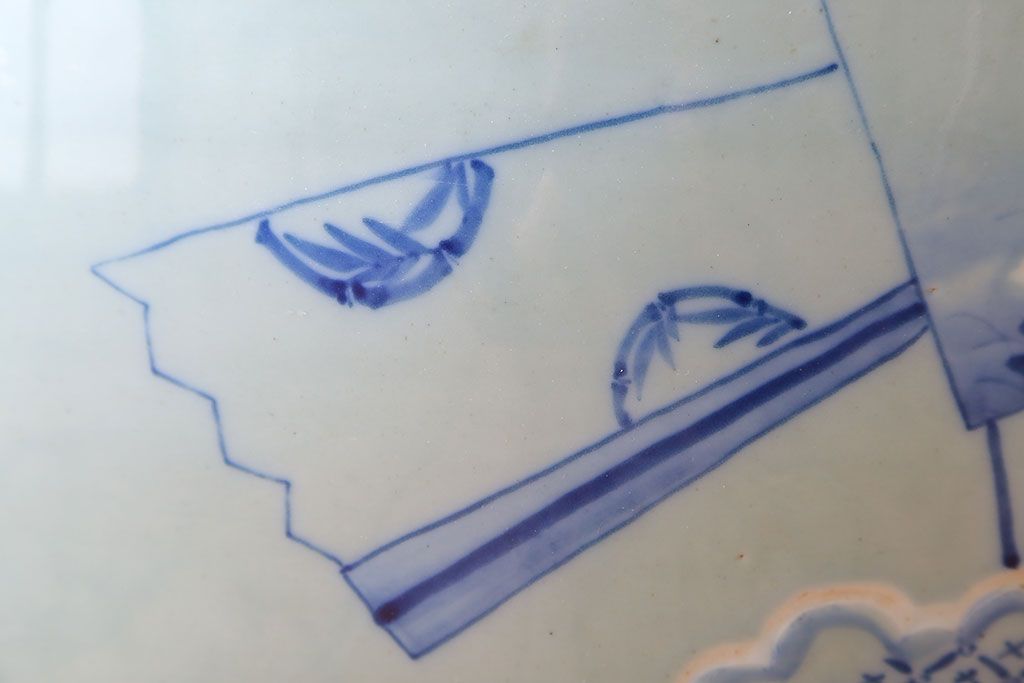 アンティーク雑貨　古民具・骨董　扇に花の図　アンティーク染付瀬戸火鉢