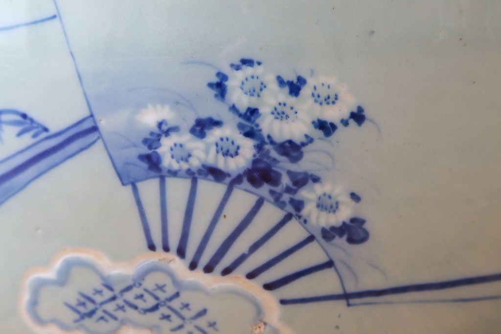 アンティーク雑貨　古民具・骨董　扇に花の図　アンティーク染付瀬戸火鉢