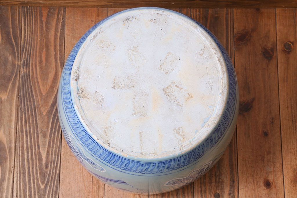 アンティーク雑貨　古民具・骨董　扇に花の図　アンティーク染付瀬戸火鉢