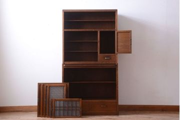 レトロ家具　昭和レトロ　作業台付き!ダイヤガラス引き戸の古いナラ材製アンティーク食器棚(カップボード)