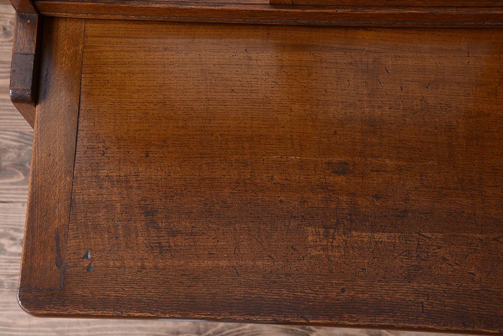 レトロ家具　昭和レトロ　作業台付き!ダイヤガラス引き戸の古いナラ材製アンティーク食器棚(カップボード)