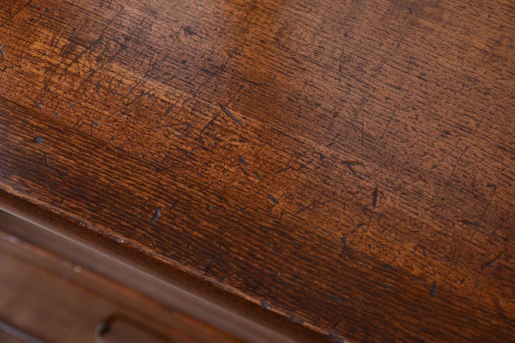 レトロ家具　昭和レトロ　作業台付き!ダイヤガラス引き戸の古いナラ材製アンティーク食器棚(カップボード)