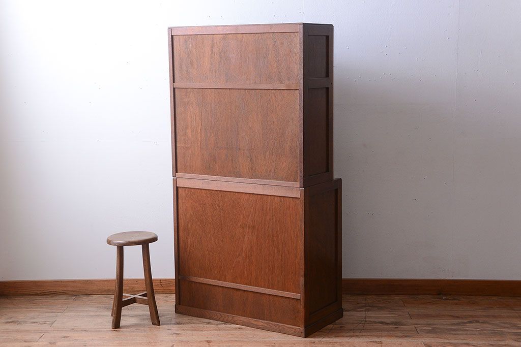 レトロ家具　昭和レトロ　作業台付き!ダイヤガラス引き戸の古いナラ材製アンティーク食器棚(カップボード)