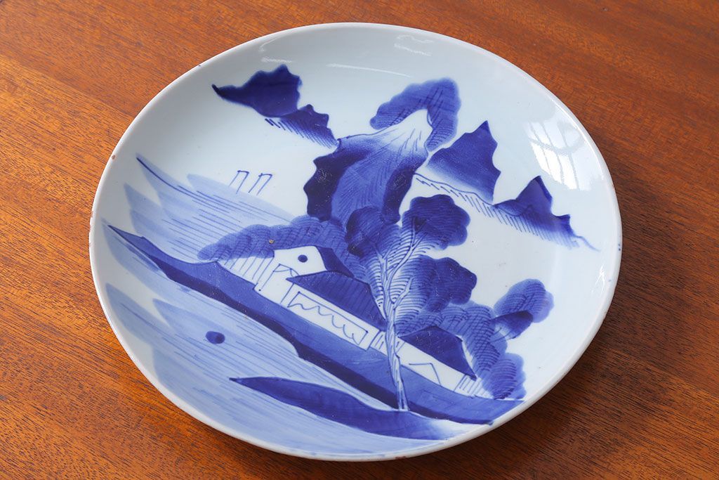 古民具・骨董　幕末〜明治　山水の図　アンティーク染付大皿