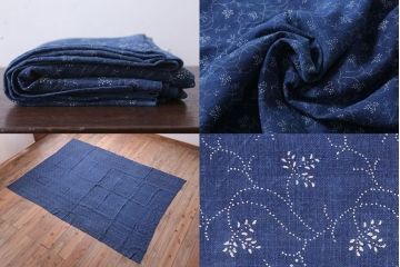 アンティーク雑貨　アンティーク　インディゴ(藍)染めハンガリーリネンのテーブルクロス(花柄)(1)