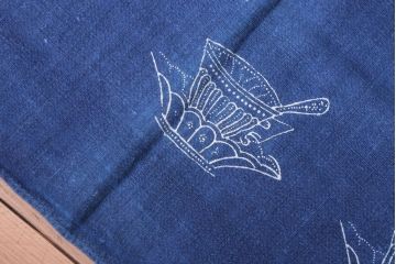 アンティーク雑貨　アンティーク　インディゴ(藍)染めハンガリーリネンのテーブルクロス(カップ&ソーサー柄)