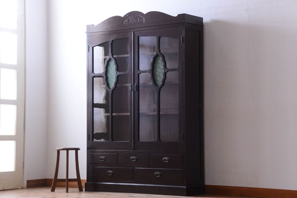 アンティーク家具　和製アンティーク　当時物色ガラス入り!古い木製の特大本箱