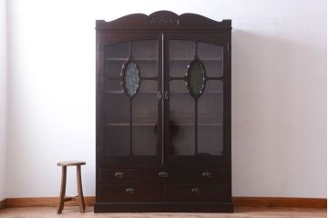 アンティーク家具　和製アンティーク　当時物色ガラス入り!古い木製の特大本箱